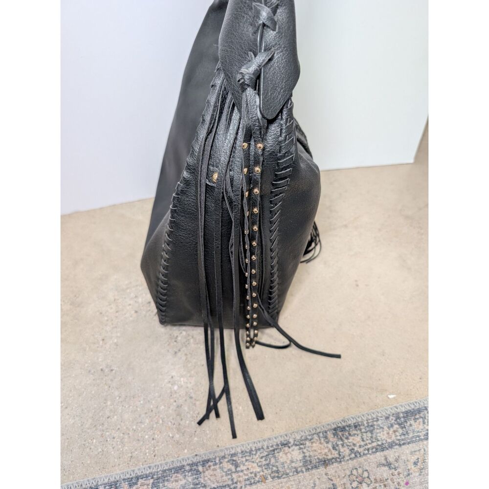 Big Buddha Black Vegan Leather Hobo Bag Whipstitch Tassels Braided Strap Boho - Picture 3 of 16